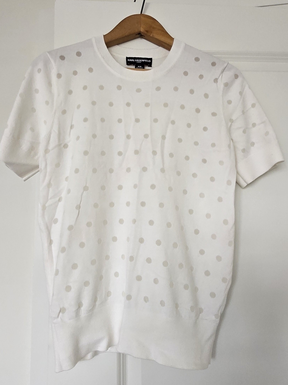 Karl Lagerfeld White Knit Short Sleeve Polka Dot Tee
